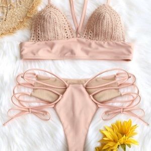 Bralette Crochet Panel Lace Up Bikini Set - Pink S